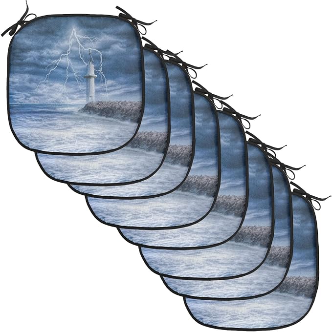 Lunarable Lighthouse Chair Cushion Pads Set of 8, Lighthouse Thunderstorm Turbulent Wind Moody Weather Dramatic Sky Scene, Anti-Slip Seat Padding for Kitchen & Patio, 16"x16", Navy Blue Dimgray