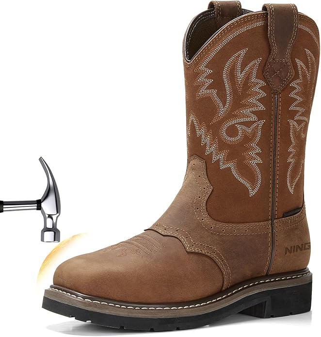 HISEA NINGO Steel Toe Work Boots for Men, Waterproof Square Toe Cowboy Boots Slip on, Comfortable Soft Toe Pull on Western Safety Work Shoes for Construction Industrial Working Welding Riding, Brown