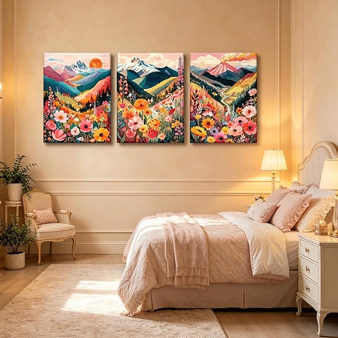 Frimeeme Colorful Watercolor Floral Mountain Canvas Wall Art, 3-Piece Boho Nature Landscape Print, Living Room Bedroom Decor, 12x16 in,Framed
