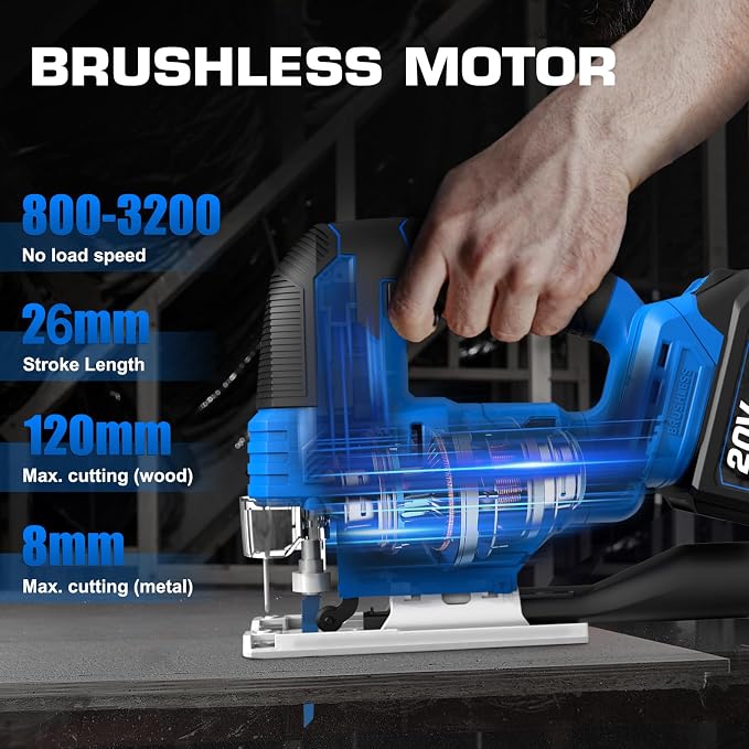 20V Brushless Cordless Jig Saw with 4.0Ah Battery 3200SPM, 1"Stroke | Heavy-Duty Variable Speed Jigsaw Tool with 6 Blades, 4 Orbital Settings, 45° Bevel, Low Vibration for Wood & Metal Cutting