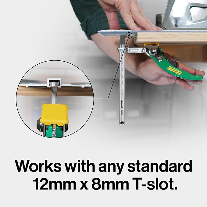 MICROJIG MatchFit Dovetail Ratchet Clamp AP, T-Track Compatible, Ratcheting Action, for Woodworking, Sanding, Routing, Workbench, DVC-700RAP, Green