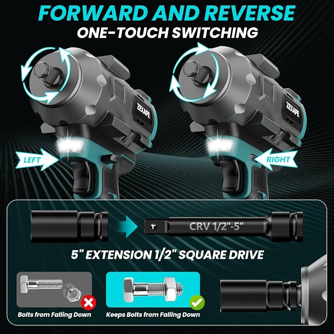 Cordless Impact Wrench 1/2 inch Compatible With Makita 18V Battery, Impact Wrench 1360N.m(950Ft-lbs) High Torque Brushless Electric Impact Gun, with 3-Mode Speed, LED Work Light(Tool Only)