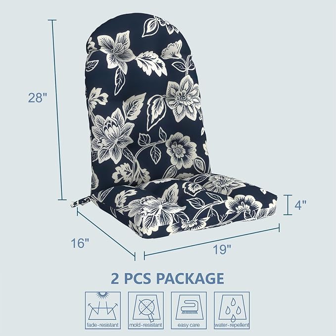 LVTXIII 2 Pack Outdoor Adirondack Chair Cushions, 44x19x4 Inch Water Repellent Patio Cushions for Rocking Chairs, Thick Tufted High Back Seat Cushion Set, Elegant Vines Navy