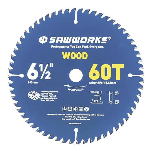SawWorks 6-1/2" 60T Thin Kerf ATB Circular Saw Blade, Fine Finish for Trim Carpenters & Cabinet Makers, 5/8" Arbor