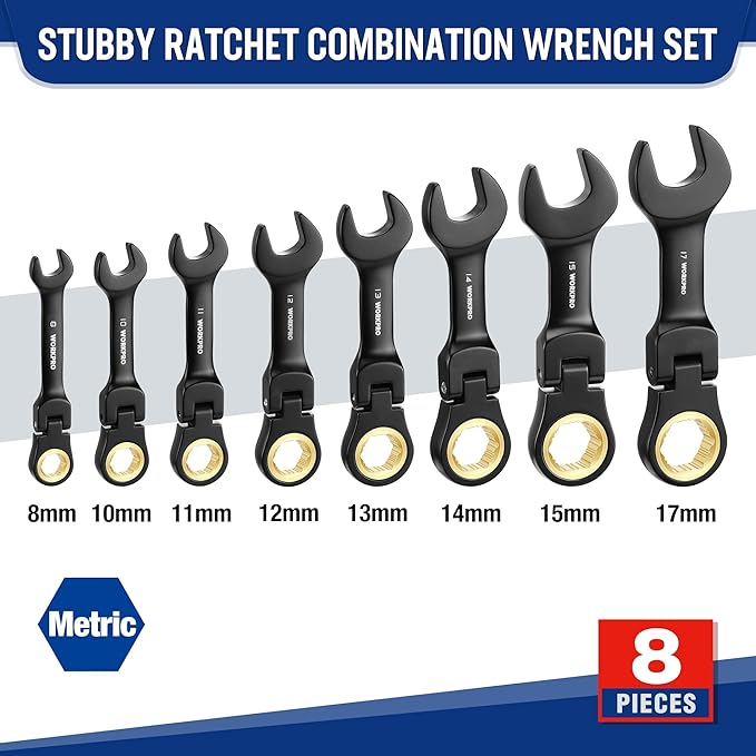 WORKPRO 8-Piece Stubby Flex-Head Ratcheting Wrench Set, Metric 8-17mm | Anti-slip, 72-Teeth, CRV, Black Electrophoretic Coating, for Mechanics, DIYers and Home Repairs, Includes Rolling Pouch