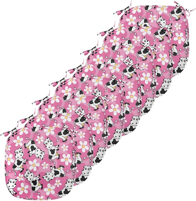 Lunarable Cow Chair Seating Cushion Set of 8, Cartoon Pattern Domestic Farm Animal and Daisy Flowers, Anti-Slip Seat Padding for Kitchen & Patio, 16"x16", Pink Charcoal Grey