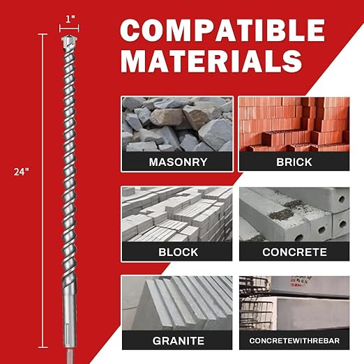 1" x 24" SDS Max Cross-Tip Rotary Hammer Drill Bit with Storage Tube – Heavy Duty Concrete Drill Bit for Masonry, Brick, and Stone, Upgraded Heat-Treated Carbide Head for Durability