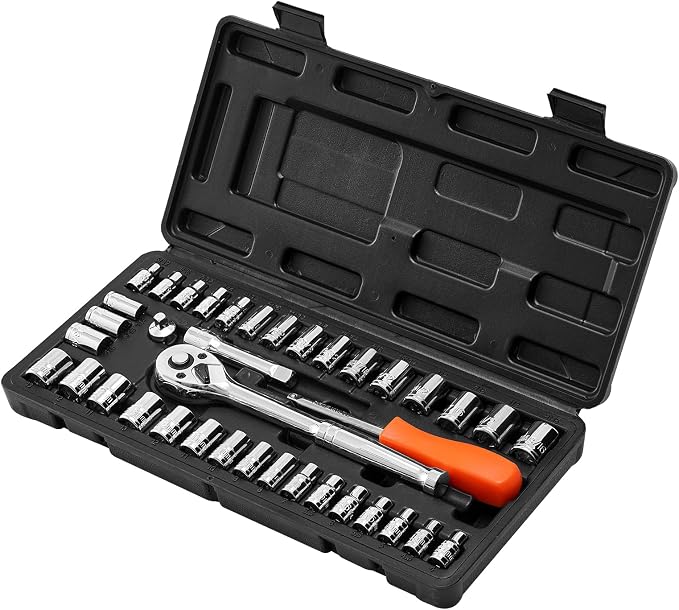 VEVOR Socket Set, 39 Pieces, 3/8 & 1/4 inch Drive Socket and Ratchet Set, SAE and Metric Size, Mechanic Tool Kit with Ratchet Wrench, Accessories, Storage Case, CR-V Alloy Steel, for Automotive Repair | CR-V Mechanic Tool Set with Ratchet Wrench, Acces...