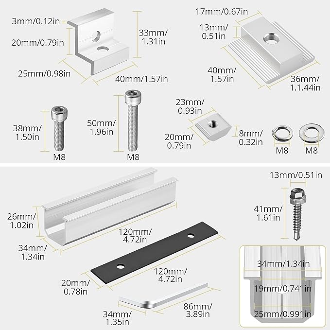 Anbte Solar Panel Mounting Brackets for Roof, Aluminum Solar Rails, Silver | Solar Panel Mounting Kit For 4 Panels, Included 10 X 4.72 In Rails+4 End Clamps+6 Center Clamps+1 Wrench, For Roof, RV, Boat