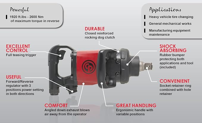 Chicago Pneumatic CP7782-SP6 Impact Wrench (#5 Spline), 6 Inch Ext. Anvil, Air Gun Industrial Repair & Assembly Tool, D-Handle, Pinless Rocking Dog, Max Torque Output 1920 ft. lbf/2600 Nm, 5200 RPM