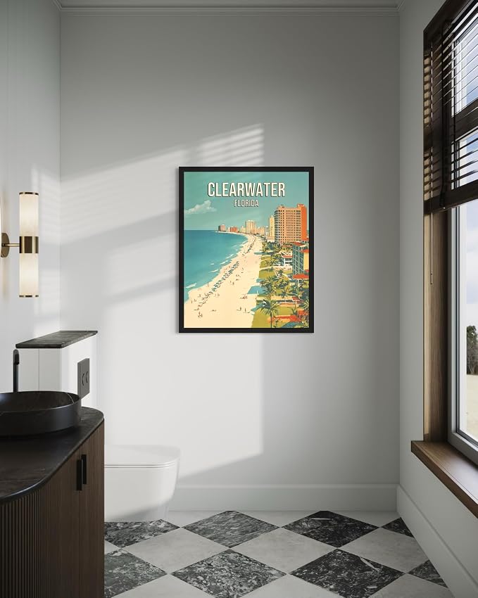 Clearwater Beach Florida Black Framed Wall Art Print Poster, US Vintage Retro Beach Scenery Posters Prints for Restroom Home Picture Painting Artwork Gallery 219 (Clearwater Beach Florida, 16 x 20 inches, Black Frame)