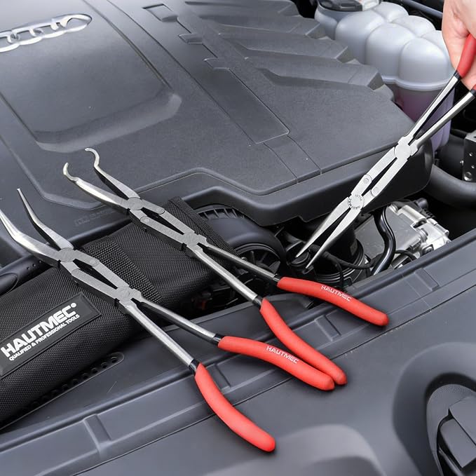 HAUTMEC Extra Long Needle Nose Pliers Set, 3PCS 13" Double Joint Long Reach Pliers, Circle Nose, Straight & 45° Bent Nose Plier, Extended Reach for Narrow Spaces, Automotive & DIY Repairs