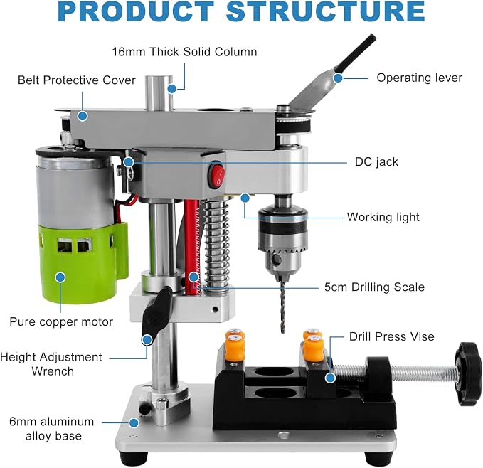 Mini Benchtop Drill Press with Work Light | Rear-Mounted 795 Motor, Small Bench Drilling Machine for Woodworking, Jewelry & Crafts, B10 Chuck, Motor & Belt Guard