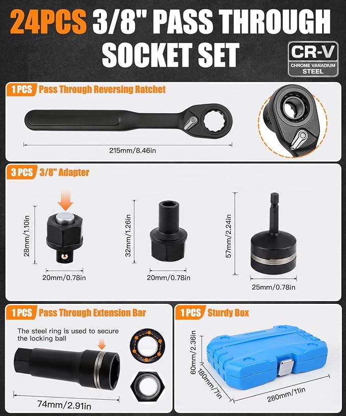24 Piece 3/8" Through-Bolt Socket Set, 2-in-1 Ratchet (72-Tooth) | 12-point serrated through-hole Metric and SAE sockets