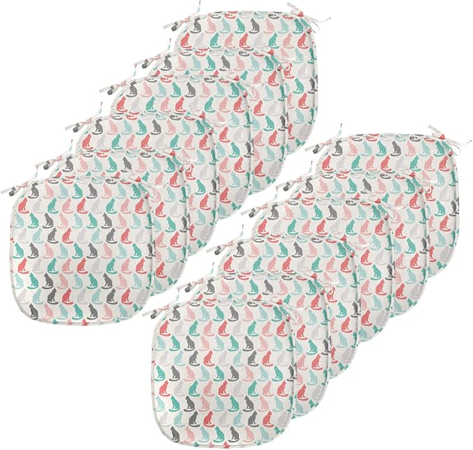 Lunarable Cat Chair Seating Cushion Set of 12, Pattern of Sitting Cat Silhouettes Kitten Pet Repetition Simple Illustration, Anti-Slip Seat Padding for Kitchen & Patio, 16"x16", Turquoise Coral Cream
