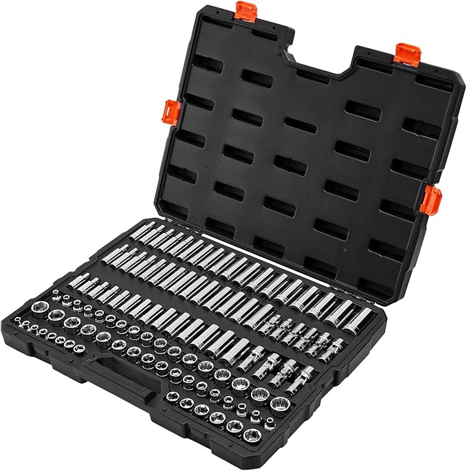 VEVOR Socket Set, 104 Pieces, 3/8 inch Drive Socket Tool Set, Metric Size from 6 to 24 mm, Deep and Standard, Mechanic Tool Kit with Storage Case, Chrome Plated CR-V Alloy Steel, for Automotive Repair | CR-V, Deep and Standard, Mechanic Tool Set for Au...