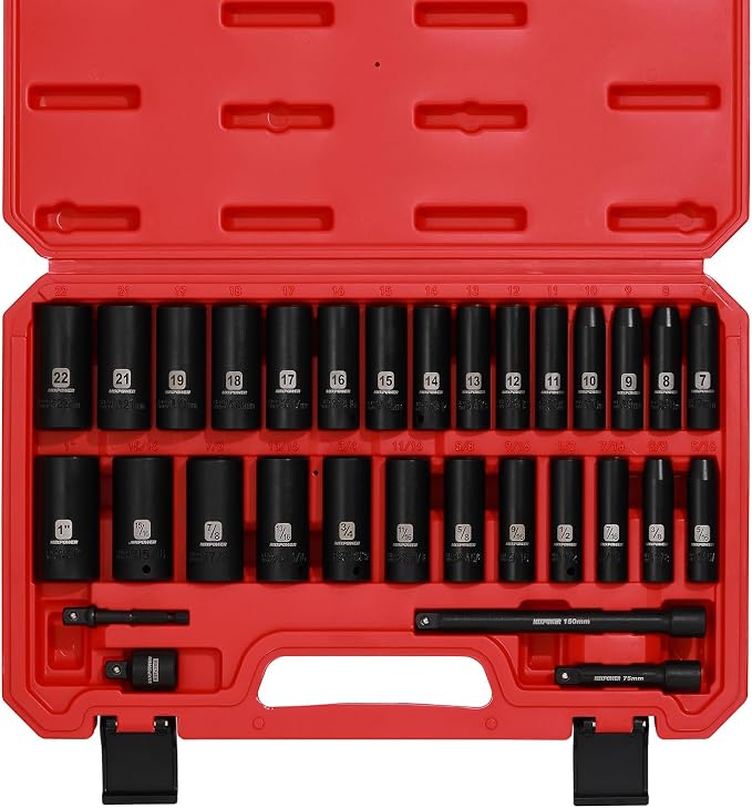 MIXPOWER 3/8" Drive Deep Impact Socket Set, 6 Point, 31 Piece SAE and Metric Socket Set, 7-22mm, 5/16"-1", Cr-V Steel Mechanic Socket Set