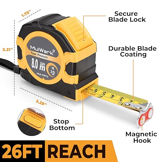MulWark 26ft Metric Tape Measure, Double Secure Blade Lock Tape Measure Retractable with Stop Button, Both-Side Metal Blade, Magnetic Hook for Construction, Carpenter, Architect, Woodworking