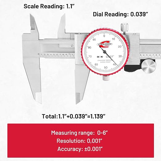 0-6" Range SAE Dial Caliper Measuring Tool, Analog Precision Micrometer Caliper ±0.001" Accuracy, Manual Mechanical Metal Stainless Steel Measuring Dial with 4-Way Measurements