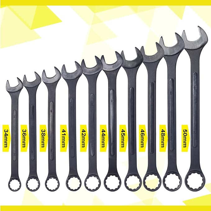 10-piece Jumbo Wrench Set, 34-50mm Large Combination Wrench Set, Metric Black Oxide Finish with Pouch | 34, 36, 38, 41, 42, 44, 45, 46, 48, 50mm sizes, Extra Large Combination Wrench Sets with Pouch (10PC-Metric)