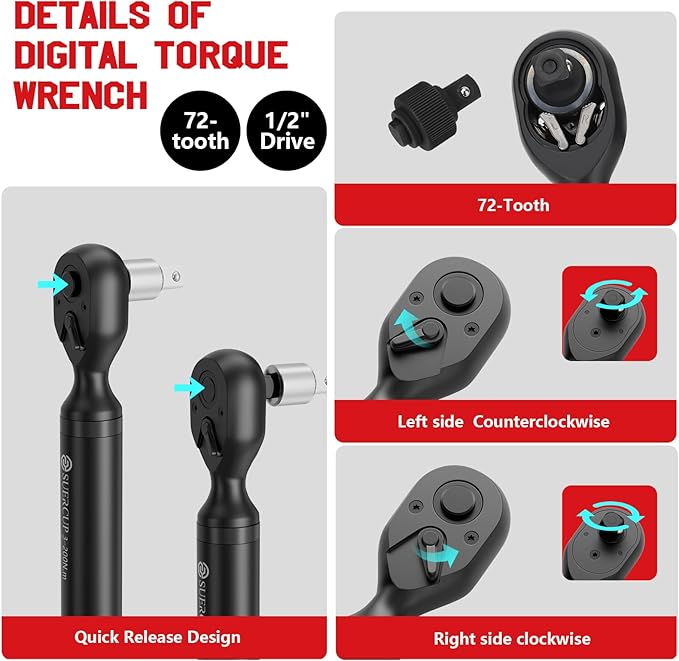1/2" Digital Torque Wrench, 2.2-147.5Ft.Lb/3-200N.m, ±1% Accuracy | Electronic Torque Wrench, Vibration, Buzzer, LED Flash,9 Presets & 5 Units for Engine/Suspension, Lug Nut, Car & Moto Repair