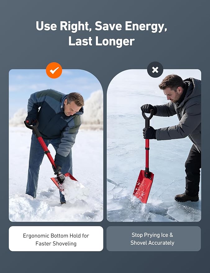 AstroAI 38.4" Foldable Snow Shovel for Car, Retractable Snow Shovel with Thickened Aluminum Handle and Reinforced Iron Hinge, Portable and Multi-Functional for Driveway, Cars, Camping and Slush,Red