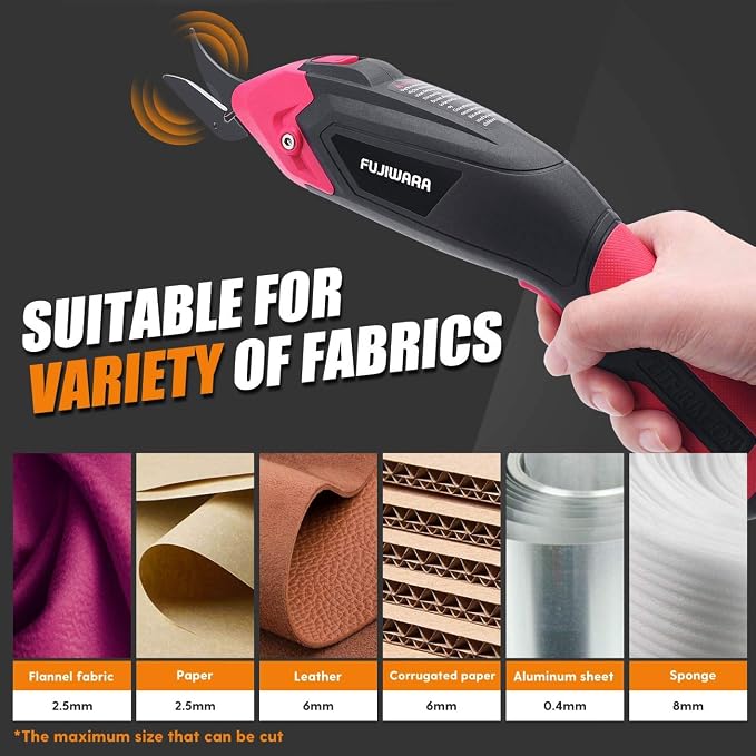FUJIWARA Electric Scissors, 1 Rechargeable Lithium Battery and 2 Cutter Blades, Cordless Shears Cutting Tool for Fabrics/Canvas/Carpets/Leather/Cardboard/Other Thin Materials Red