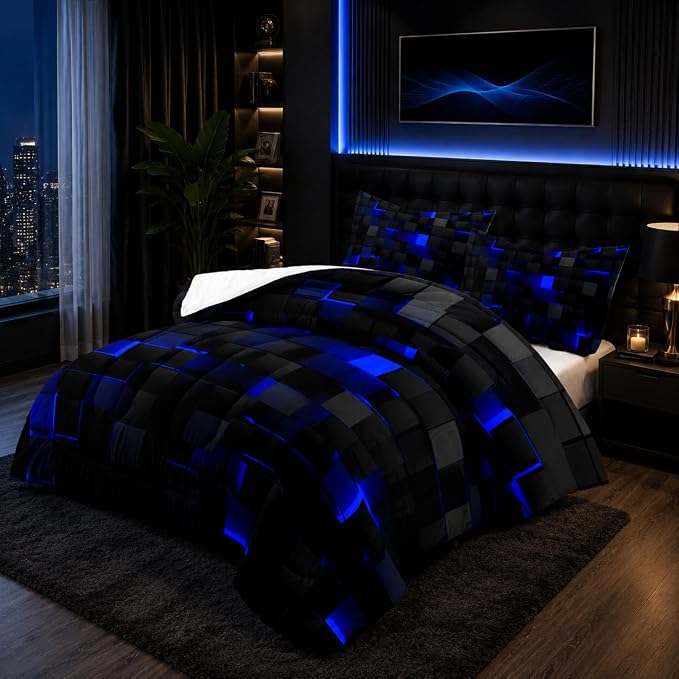 Nttopship Geometric Blue Black Comforter Set,Light Honeycomb 3 Piece Bedding Set Queen Size for Teen Boys,Modern Quilt Set Geometry Decor,Microfiber Lightweight 1 Comforter 2 Pillowcases All Season