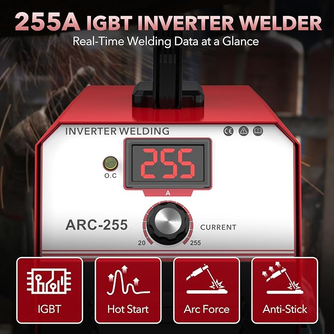 255A MMA Welder, 110V/220V Dual Voltage Portable ARC Welding Machine with IGBT Digital Display & Hot Start for Stick Electrode Welding - Outdoor Repairs, Farm & Home DIY