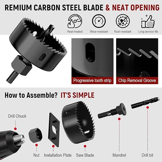 12-Piece Hole Saw Kit, Includes 8 Sizes (3/4" to 2-1/2"), Arbors, Drill Bits, and Hex Key, Ideal for Softwood, Plywood, and PVC (Black)