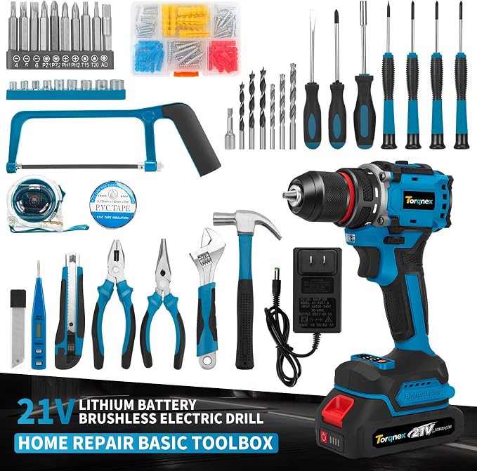 20V Brushless Cordless Drill Driver, 2×2.0Ah Batteries Fast Charger, 119PCS Power Drill Set for Home Renovation Gardening DIY Household Repair