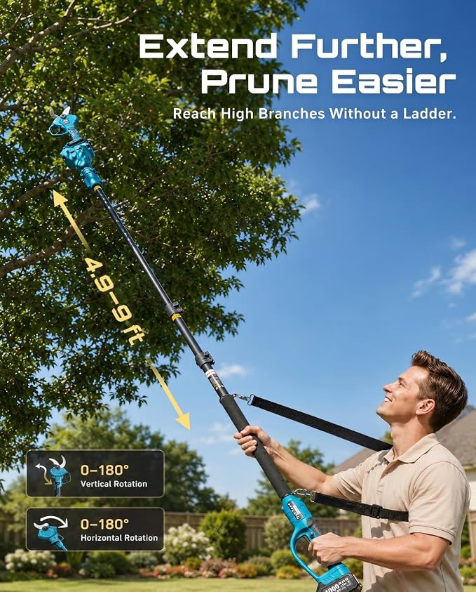 SEESII 2-in-1 Pole Pruning Shears: 1.6" Cutting Diameter Cordless Electric Pole Pruners - Brushless Motor, Dual 4.0Ah Batteries, Extra SK5 Blade, 4 Modes Adjustable Branches Cutter for Tree & Flower