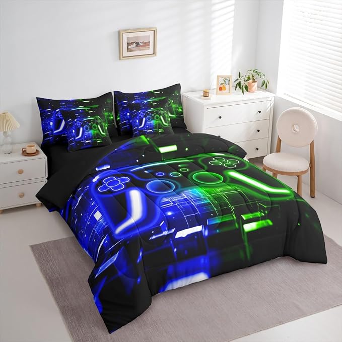 Gaming Queen Comforter Set with Sheets, Gamer 7-Piece Bedding Set Neon Lights Video Game Consoles Bed in a Bag, Blue Green Brick Cube Room Decor,Video Game Decor