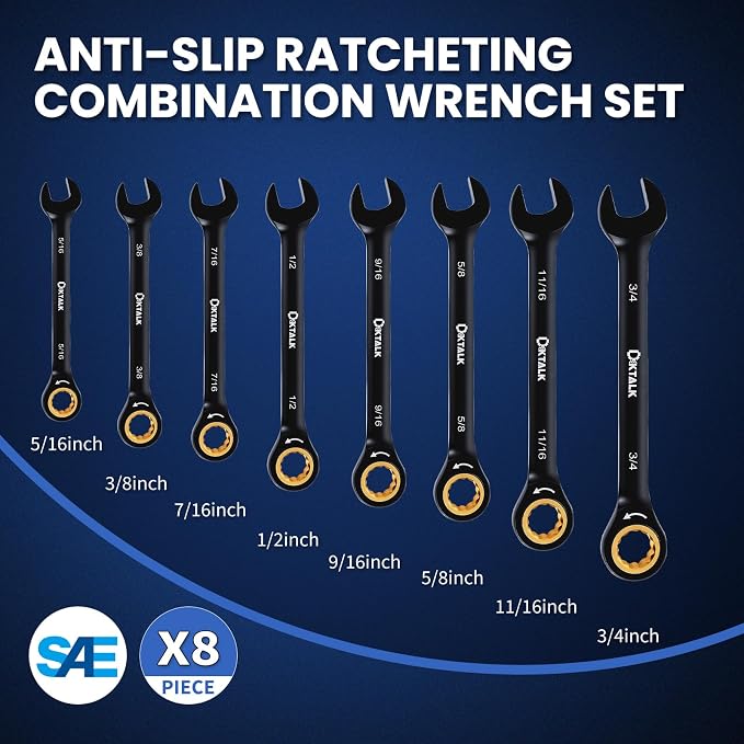 8PCS SAE Ratcheting Wrench Set, 72-Tooth Combination Wrench Set, 5/16"-3/4" | 5-Degree Swing Arc for Tight Spaces,CR-V Steel, Rust-Resistant Black Finish with Storage Organizer