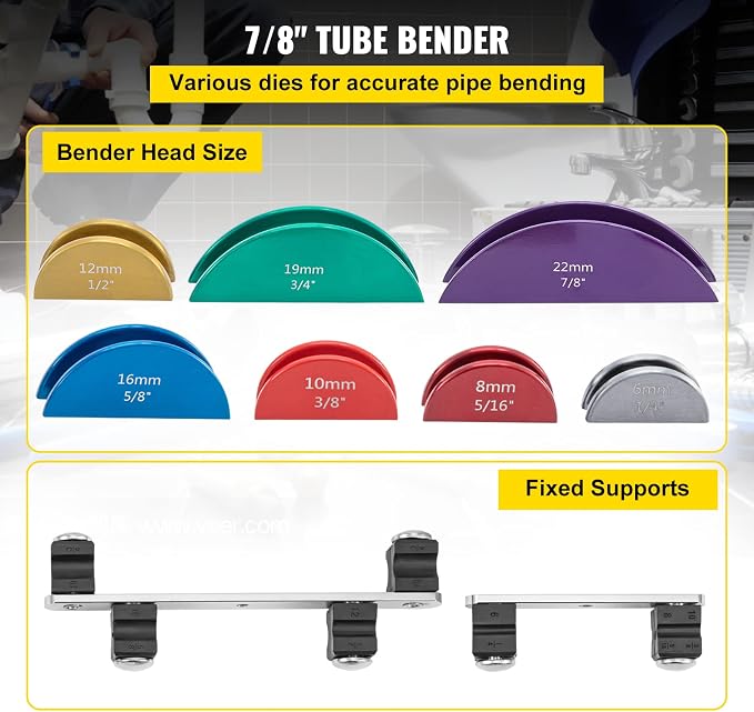 VEVOR Copper Pipe Bender, 7 Colorful Dies 1/4-7/8 inch 90 Degrees Forward and Reverse Bending, 6-22 mm for Copper & Aluminum Tubes with Reverse Bend Attachment