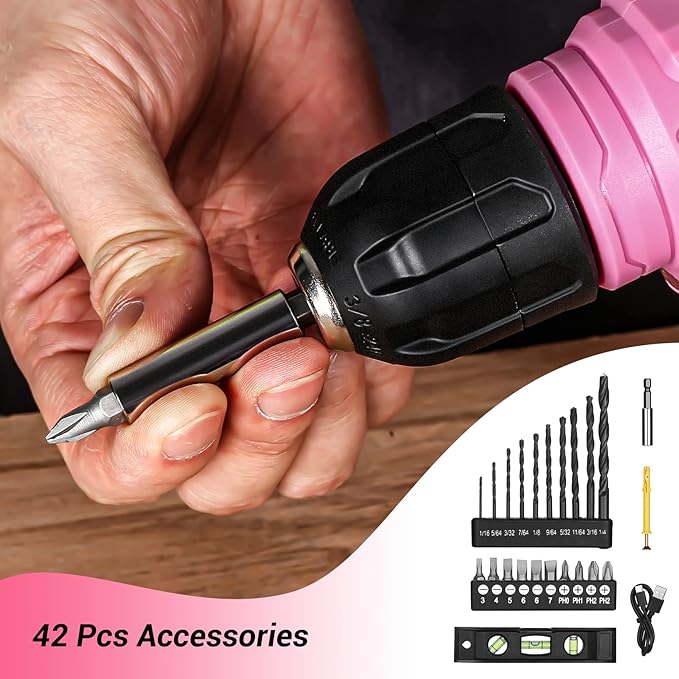 DEKOPRO 8V Cordless Drill, Drill Set with 3/8"Keyless Chuck, 42pcs Acessories, Built-in LED, Type-C Charge Cable, Pink Power Drills for Drilling and Tightening/Loosening Screws
