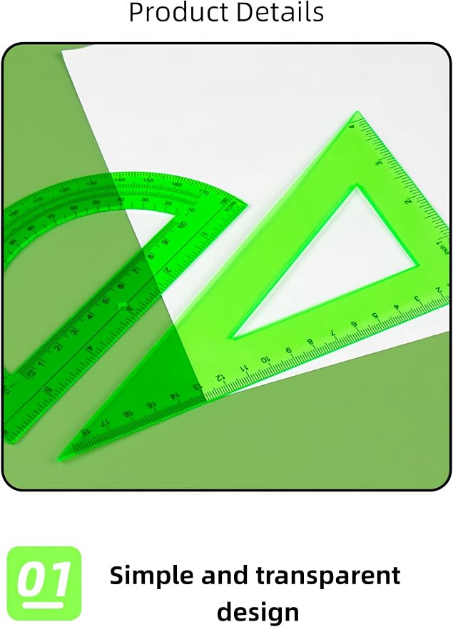1 Set Clear Math Set, Plastic Protractor Triangle Rulers 12 Inch Straight Geometry, Transparent Measuring Tool for School Office Home Supplies