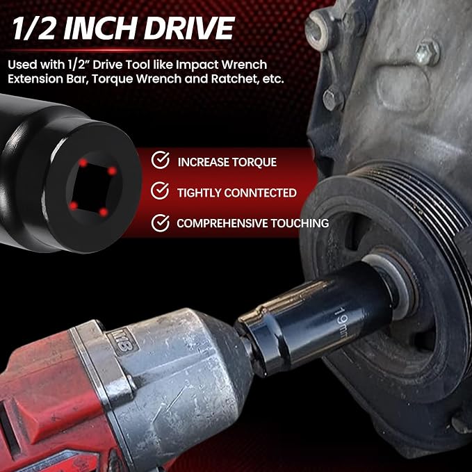 1/2" Drive Weighted Crank Bolt Socket Set, 17MM, 19MM, 21MM, 22MM, 24MM 27MM, Harmonic Balancer Socket Set, Weighted Deep Impact Socket Set, 3 Times Momentum Power of Standard Impact Socket