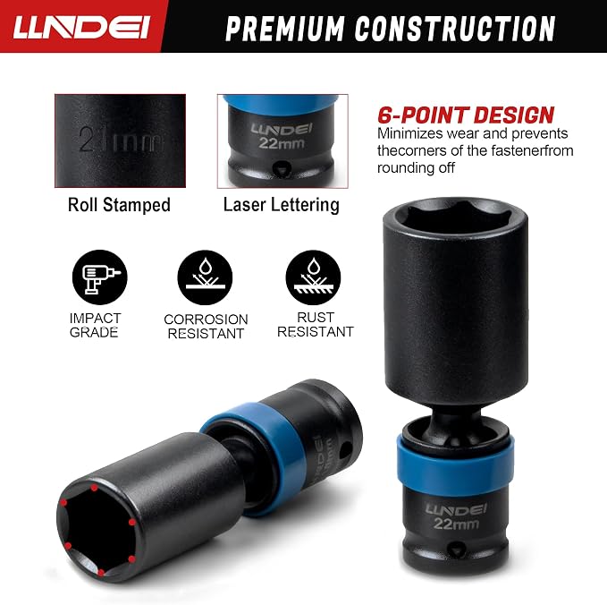 LLNDEI 3/8" Drive Deep Swivel Impact Socket Set 19Pcs CR-MO | Metric 8-22mm Wobble Sockets, 3"&6" Bars, for Engine Bay, Transmission Work, Exhaust Systems & Heavy Truck Repair