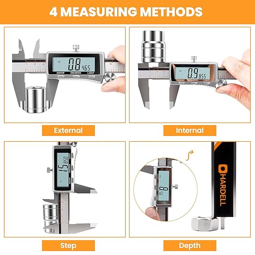 HARDELL Digital Caliper, Rechargeable Caliper Measuring Tool with Backlight LCD Screen, All Metal Calipers, Auto-Off Digital Micrometer, Inch/MM/Fraction for Household/3D-Printing-Rechargeable 6 Inch