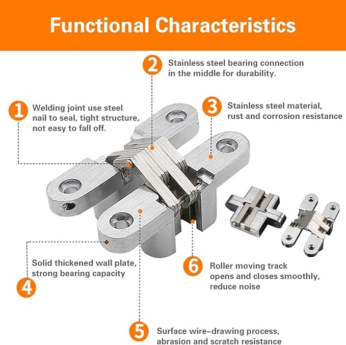 2 Pack 0.98 * 4.65 in Hidden Hinge Invisible Concealed Cross Hinges 180 Degree Folding Door Cross Zinc Alloy Hidden Hinges Swing Invisible Hinge for Cabinet, Cupboard,Wooden Box,with Screws-S5