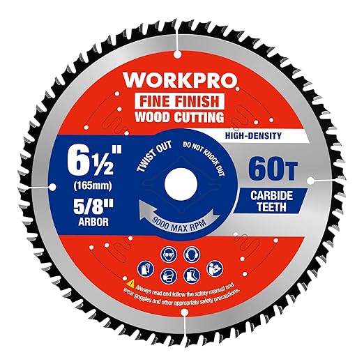 WORKPRO 6-1/2 Inch Woodworking Circular Saw Blade, 60T Fine Finish Plywood & Trim Cutting, Thin Kerf, Carbide Tipped, ATB Tooth, 1-Pack