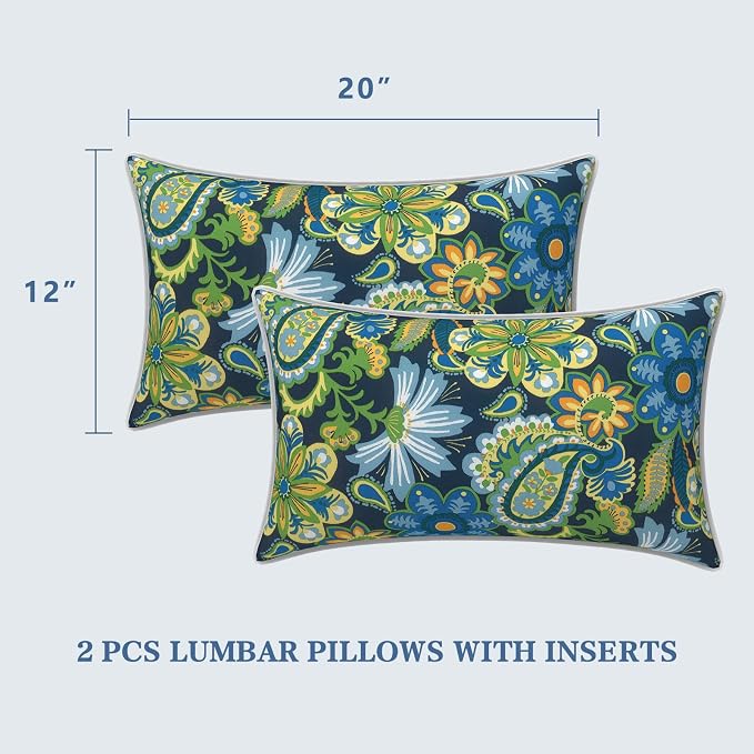 LVTXIII 2 Pack Outdoor Lumbar Pillows 12x20 Inch with White Piping, Fade Resistant Support Throw Pillows with Inserts for Patio Furniture, Sofa, Chair, Bohemian Azure