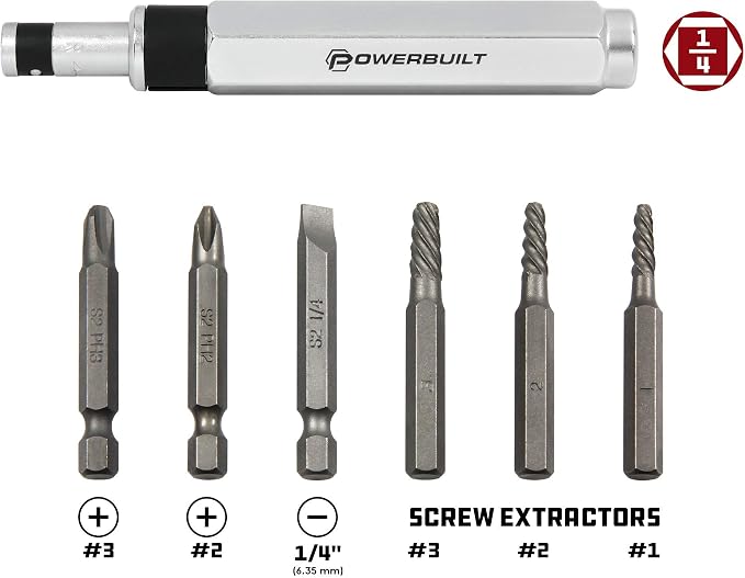 Powerbuilt 1/4 Inch Drive 7 Piece Impact Driver Set Extractor Tool, Remove Rusted, Damaged Screws, Strike Handle With a Hammer to Create Spring-Loaded Twisting Torque - 647767