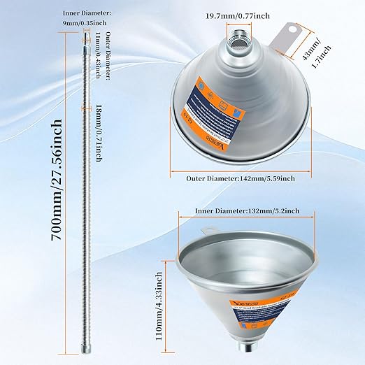 27.56" Steel Bendable Spout Funnel with Filter for All Automotive Oils, Metal Flexible Long Funnels for Automotive Use for Transmission Fluid, Diesel Fuel, and Other Liquids
