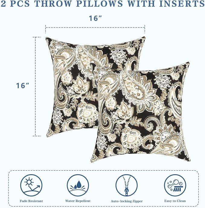 LVTXIII Outdoor Throw Pillows 16x16 Inch, Set of 2 Square Decorative Pillows with Inserts for Patio Furniture, Porch Chair, Garden Sofa, Paisley Black