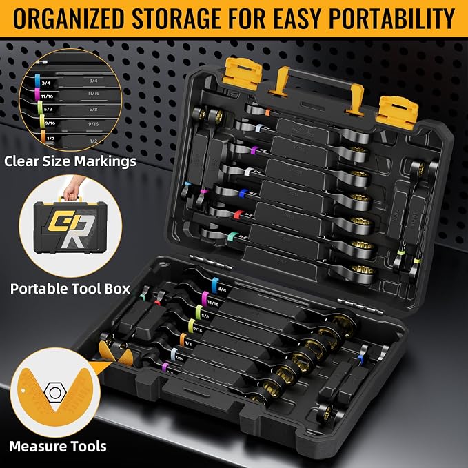 GRENPRO 23PCS Ratcheting Combination Wrench Set SAE & Metric Open End Tools | 1/4"-3/4"&6-18MM Bolt Gauge, Electro-Coated CR-V 72-Tooth 5Deg Swing 12Pt Color Rings, Roll Pouch for Auto&Home Repair
