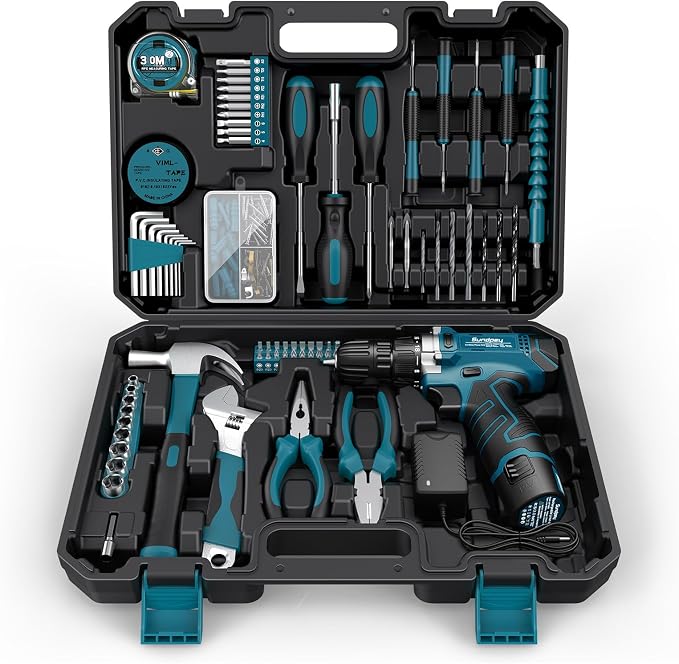 Sundpey 206PC Portable Basic Home Tool Kit Set with 12V Cordless Drill Blue