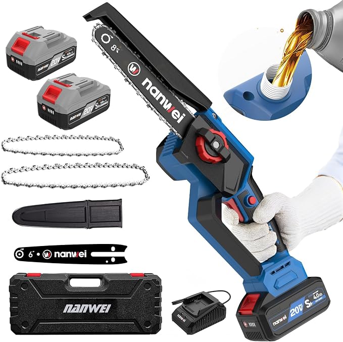 NANWEI Battery Chainsaw 8 Inch,Brushless,Cordless Chainsaw with 2x4.0A Batteries,8 Inch Handheld Chainsaw, 6/8 inch Chainsaw,Chain Saw for Tree Pruning,Wood Cutting