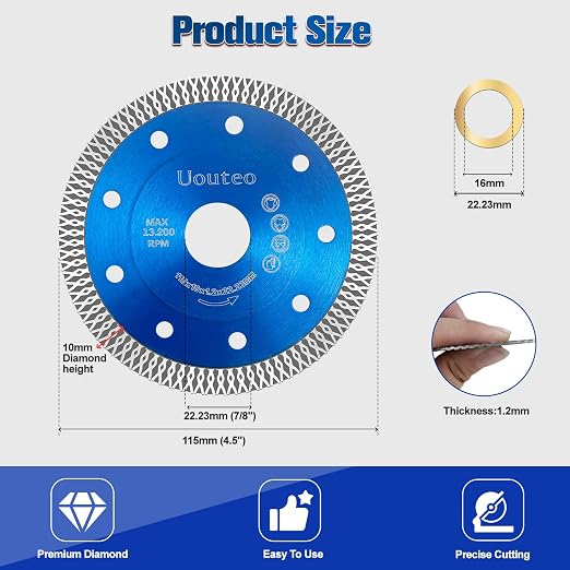 4.5Inch Diamond Saw Blade, 4-1/2 Inch Super Thin Tile Blade, Diamond Saw Blades for Angle Grinder, 4.5" Tile Blade for Smooth Cutting Marble Ceramics Porcelain Tiles(4.5 inch-1Pc-Blue)